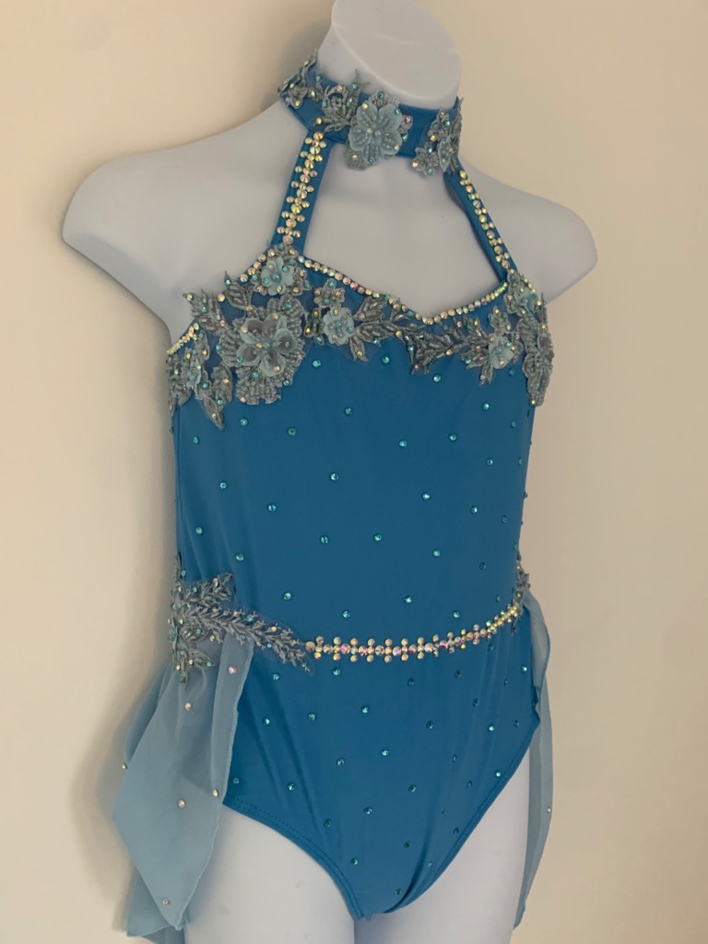 Blue Rhinestone Lyrical Dance Costume, Child Size 14, with Hairpiece - Picture 3 of 8